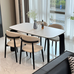 实木岩板餐桌小户型黑色复古白蜡木餐桌椅组合家用长方形饭桌法式