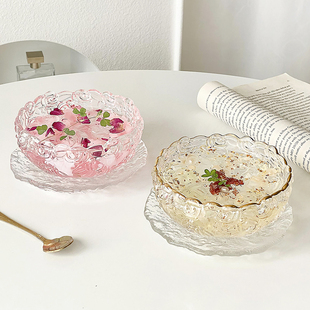 精致银耳羹燕窝碗带勺糖水酸奶燕麦碗,高颜值玻璃玫瑰甜品碗碟套装