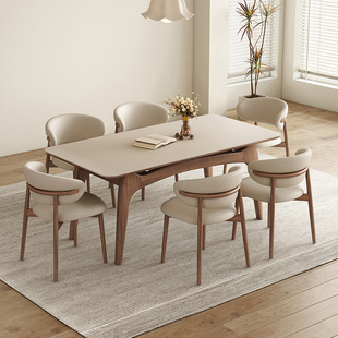 奶油风实木岩板餐桌胡桃色长形饭桌家用现代简约白蜡木餐桌椅组合