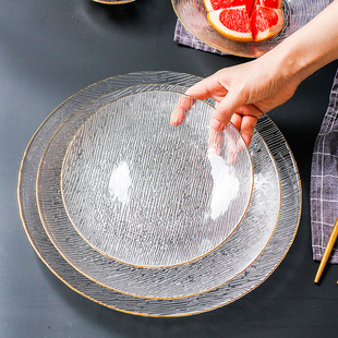 横纹玻璃盘网红家用透明餐具水果盘子西餐沙拉碗餐盘碟子精致,日式