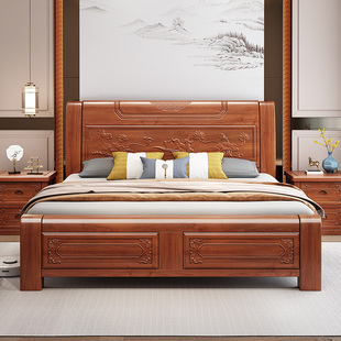 金花梨木实木床主卧婚床1.8m双人床菠萝格仿古雕花红木大床,新中式