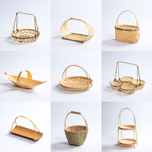 竹编小提篮圆形提手茶点水果篮子,多层竹编篮,糕点托盘创意小竹篮