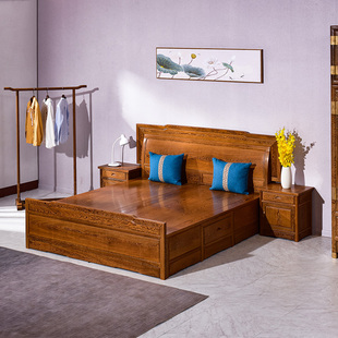 卧室婚房主卧大床简约双人床1.8米,红木家具鸡翅木高低床实木中式