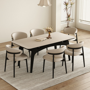 现代简约实木岩板餐桌椅组合家用长形饭桌奶油风餐厅桌子黑色意式