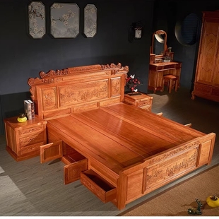 红木家具大床中式,金花梨木实木榫卯卧室双人床豪华储物婚床新款
