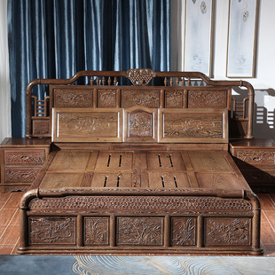 红木床,实木床1.8米卧室家具双人床铺高箱储物抽屉床,鸡翅木床中式